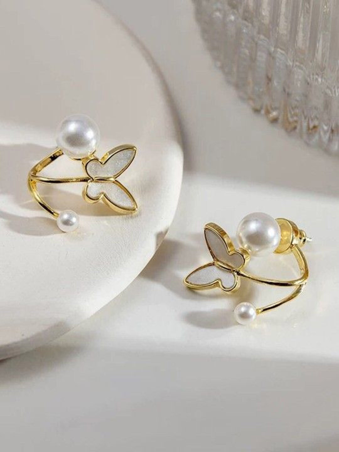 

Softwrap Gold-Plated Pearl-Beaded Butterfly Shaped Studs Earrings