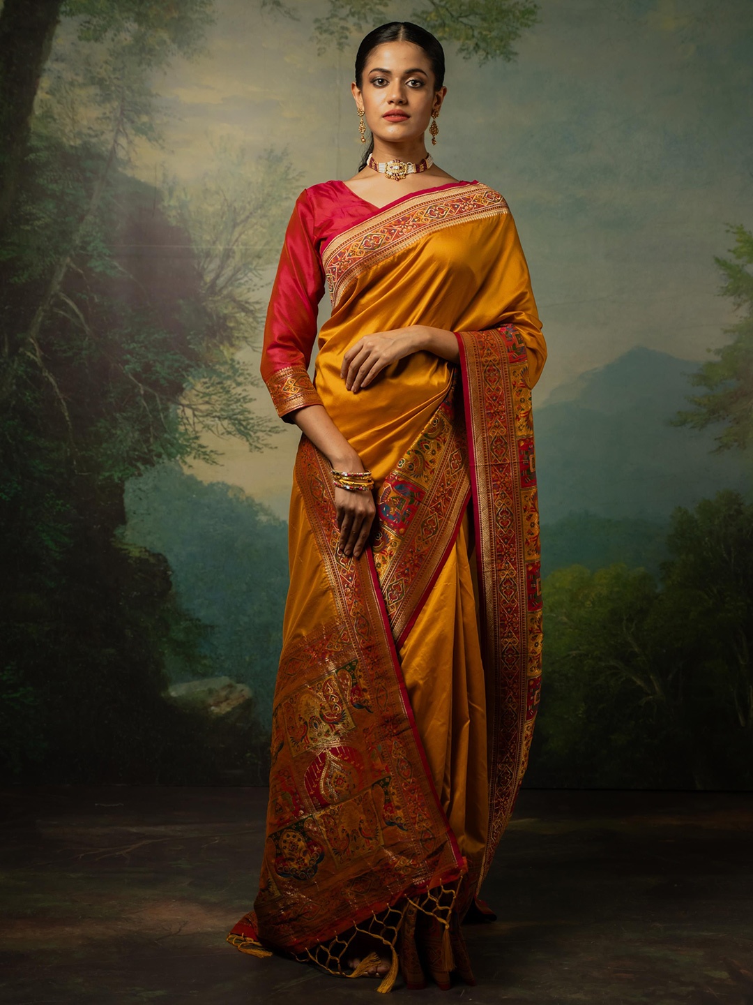 

Sangria Woven Design Embellished Banarasi Saree With Unstitched Blouse, Yellow