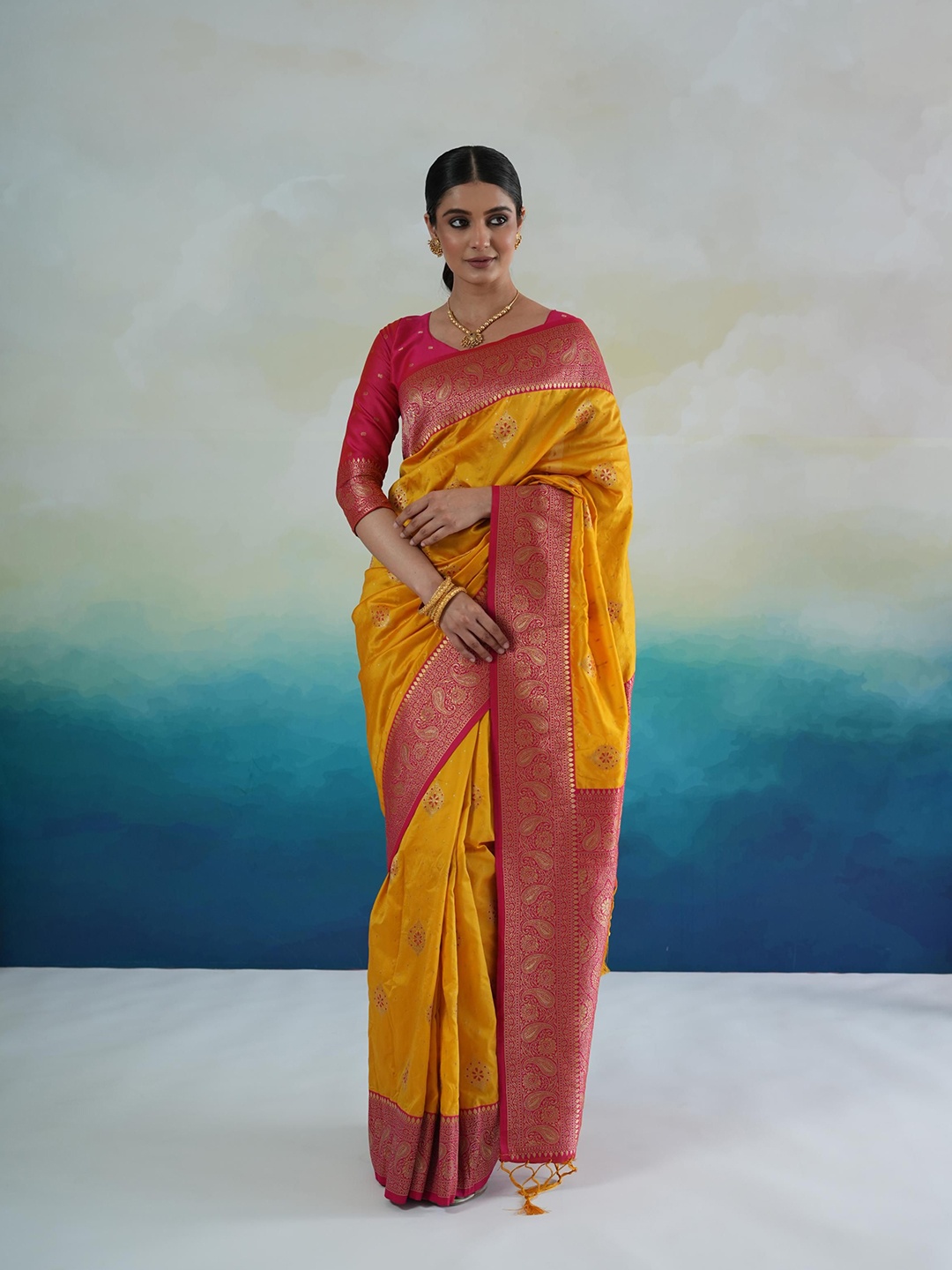 

Sangria Woven Design Banarasi Saree With Unstitched Blouse, Yellow