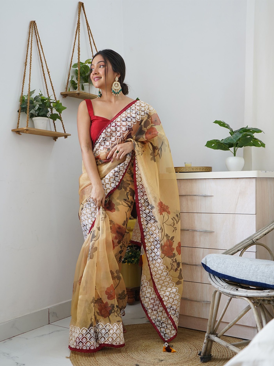 

elora Embroidered Floral Tassel Saree, Brown