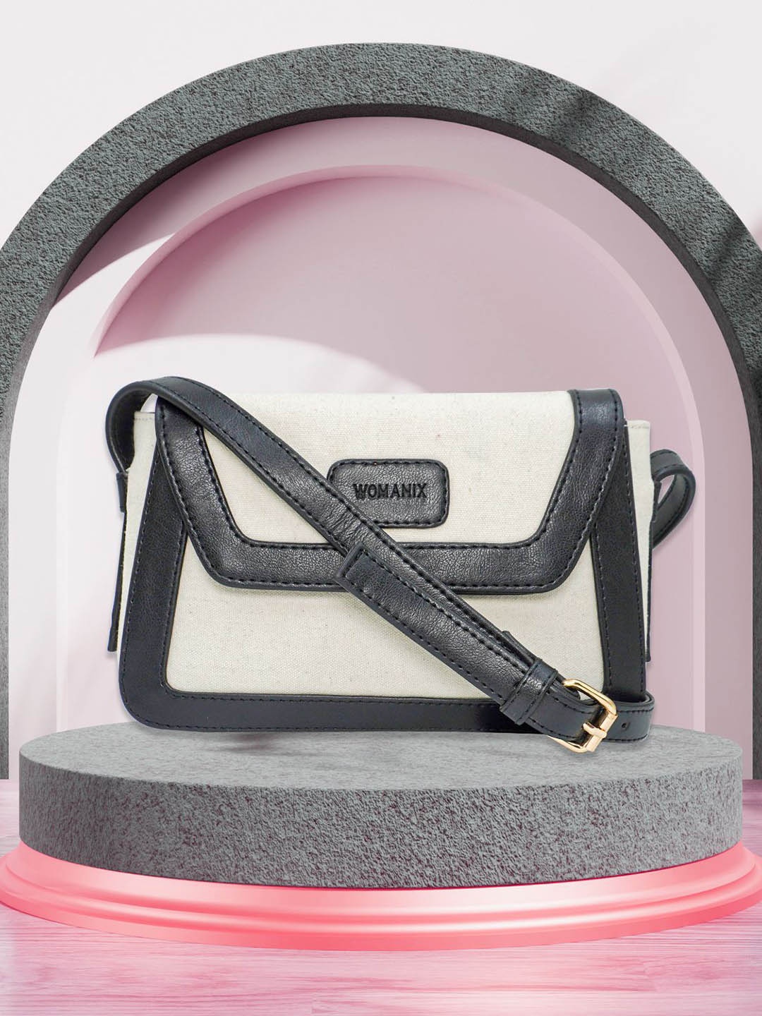 

Womanix Colourblocked Structured Shoulder Bag with Cut Work, Beige