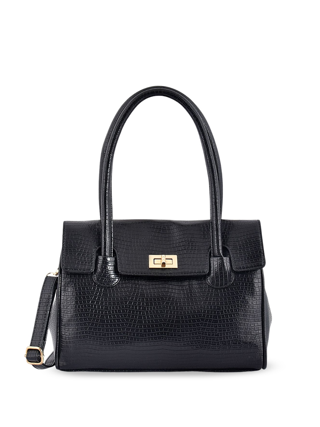 

Womanix Animal Textured PU Structured Shoulder Bag with Cut Work, Black