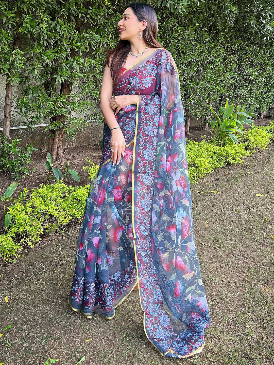 

elora Floral Embroidered Organza Saree, Grey