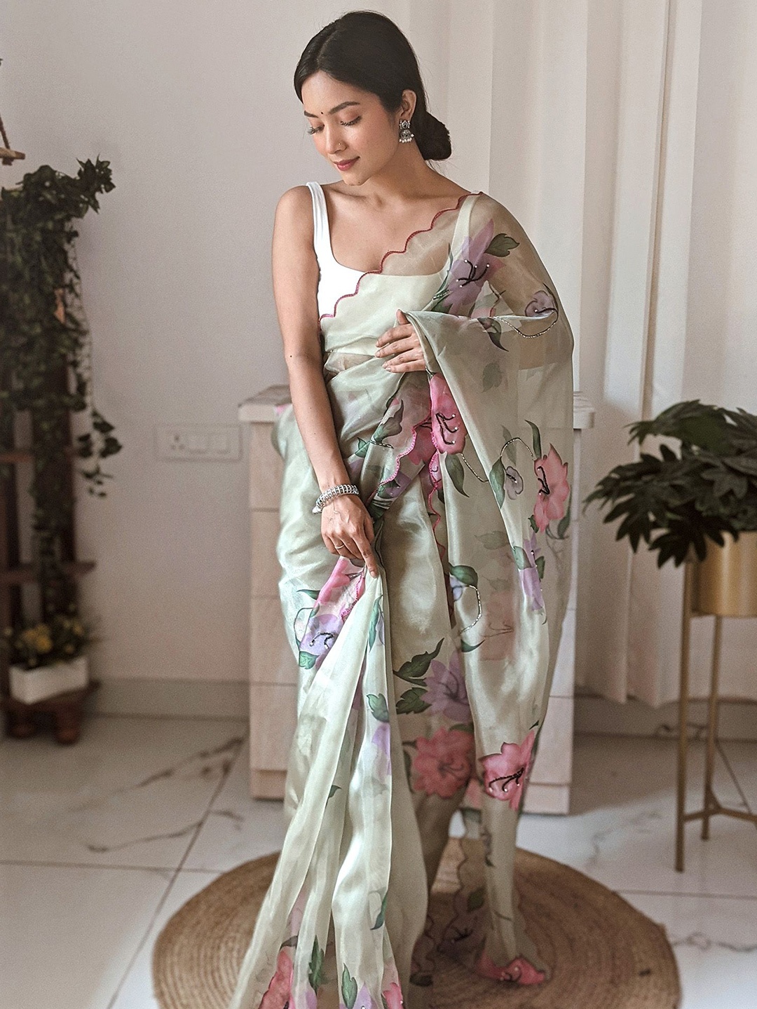 

elora Floral Beads and Stones Organza Saree, Green