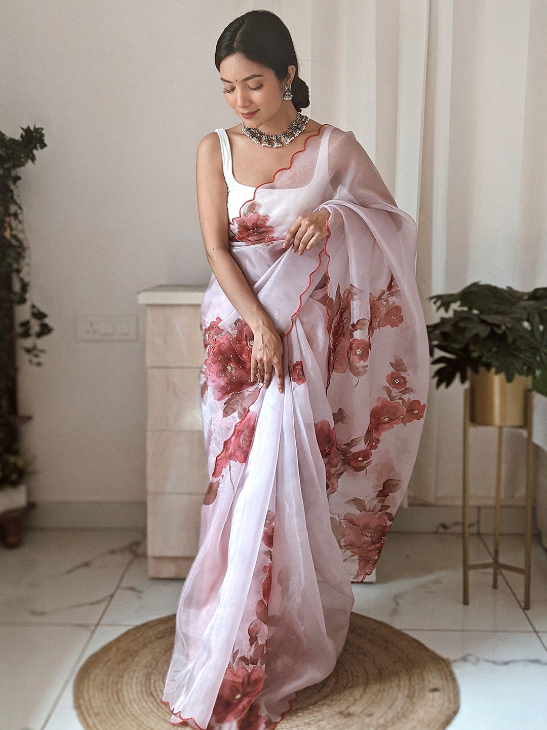 

elora Floral Beads and Stones Organza Saree, Pink