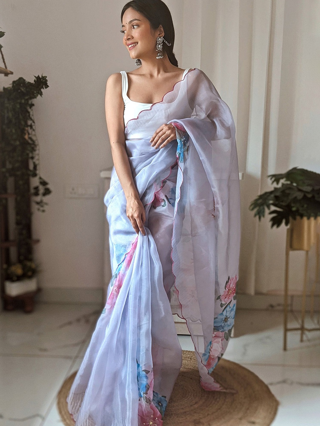 

elora Floral Beads and Stones Organza Saree, Turquoise blue