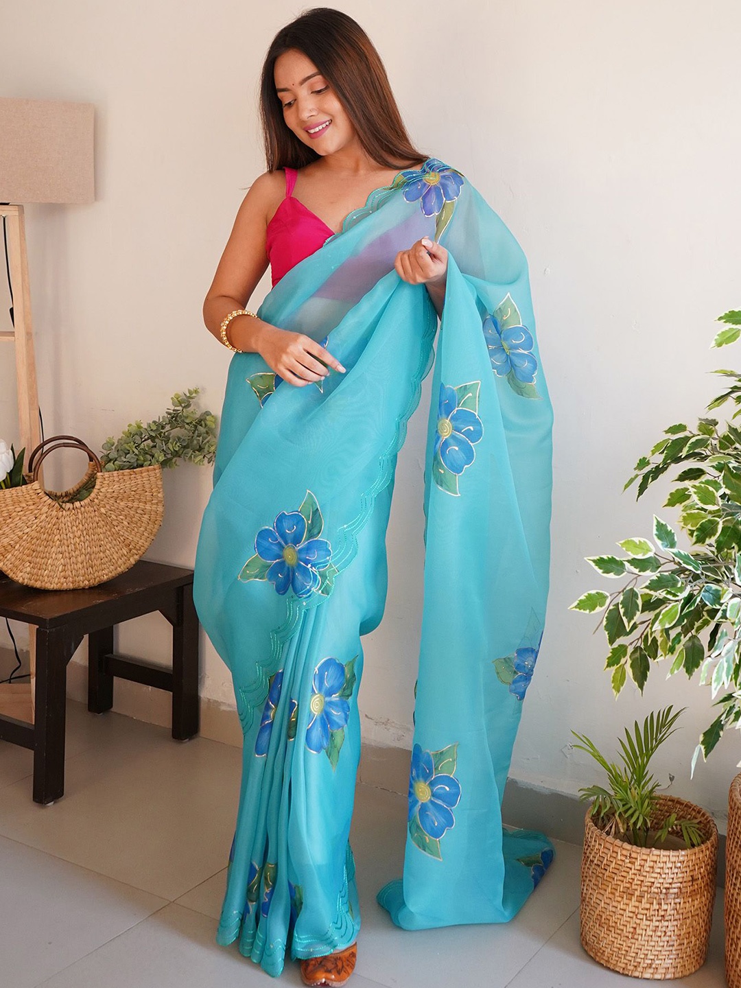 

elora Embroidered Sequinned Floral Saree, Turquoise blue