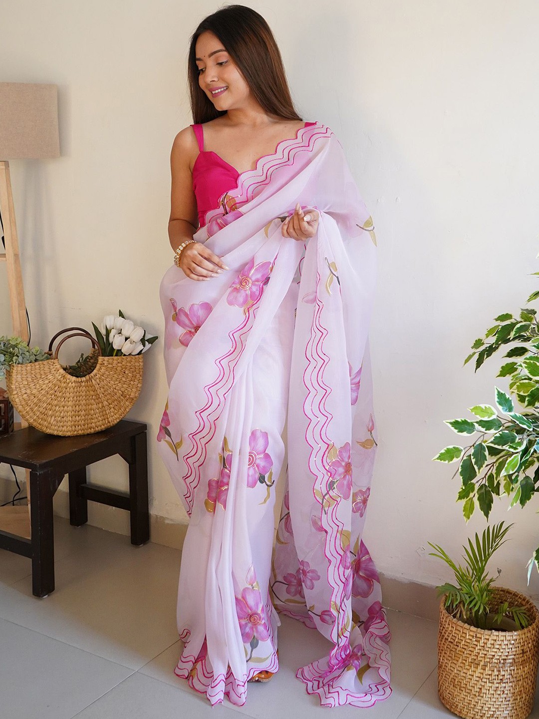 

elora Floral Sequinned Organza Saree, White