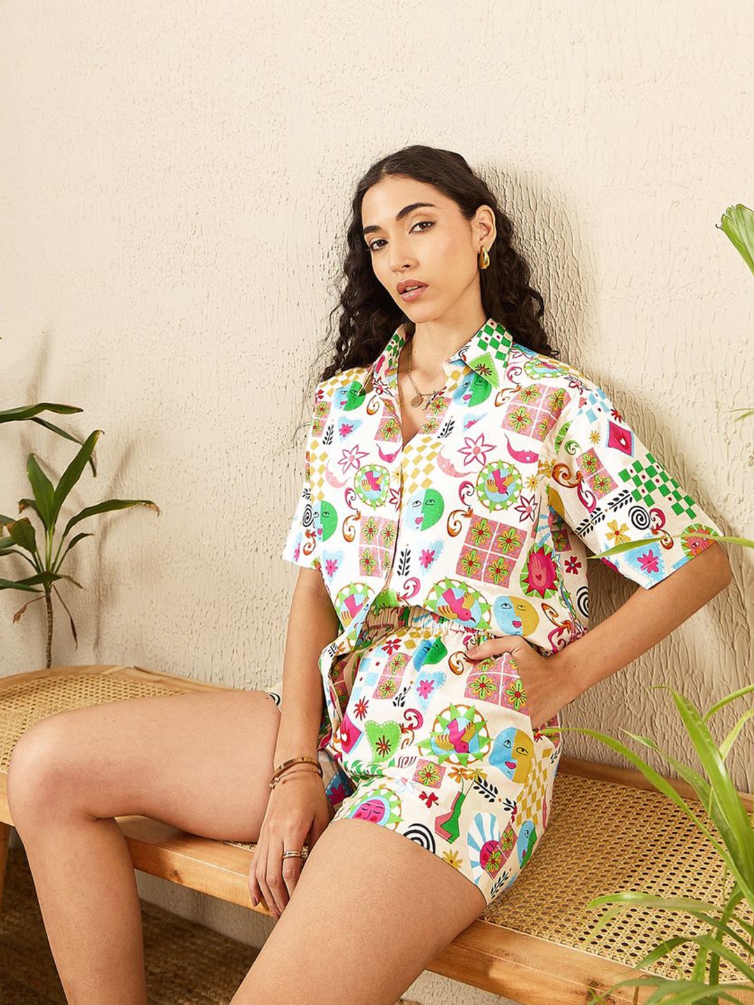 Uptownie Printed Two Piece Shorts and Shirt Set, White