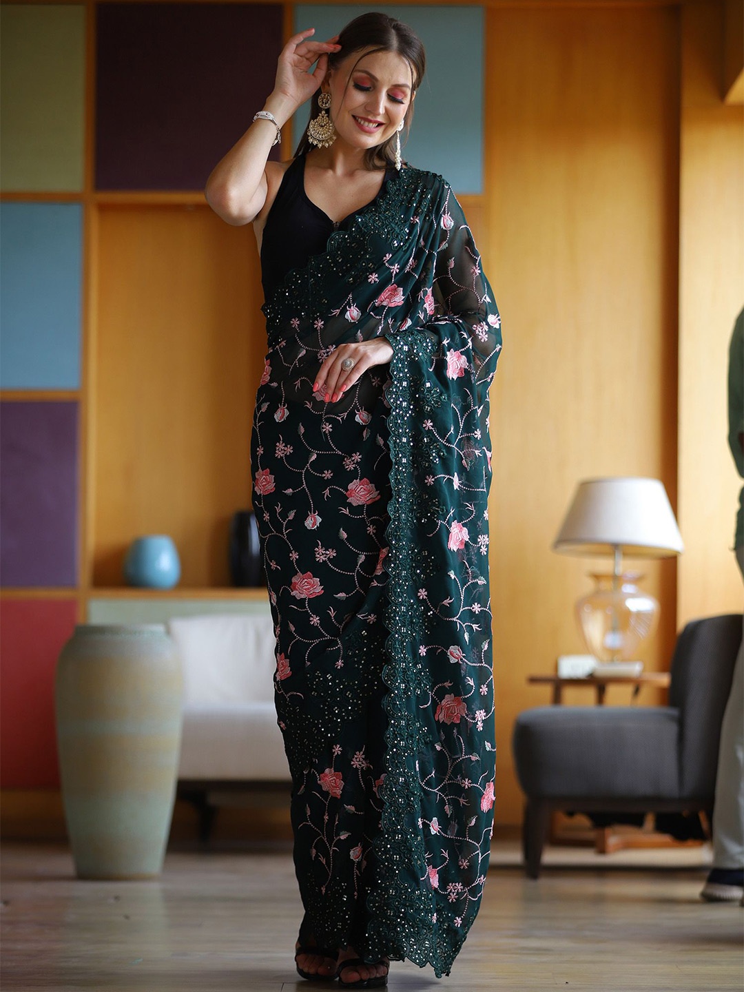 elora Floral Embroidered Pure Georgette Saree, Green