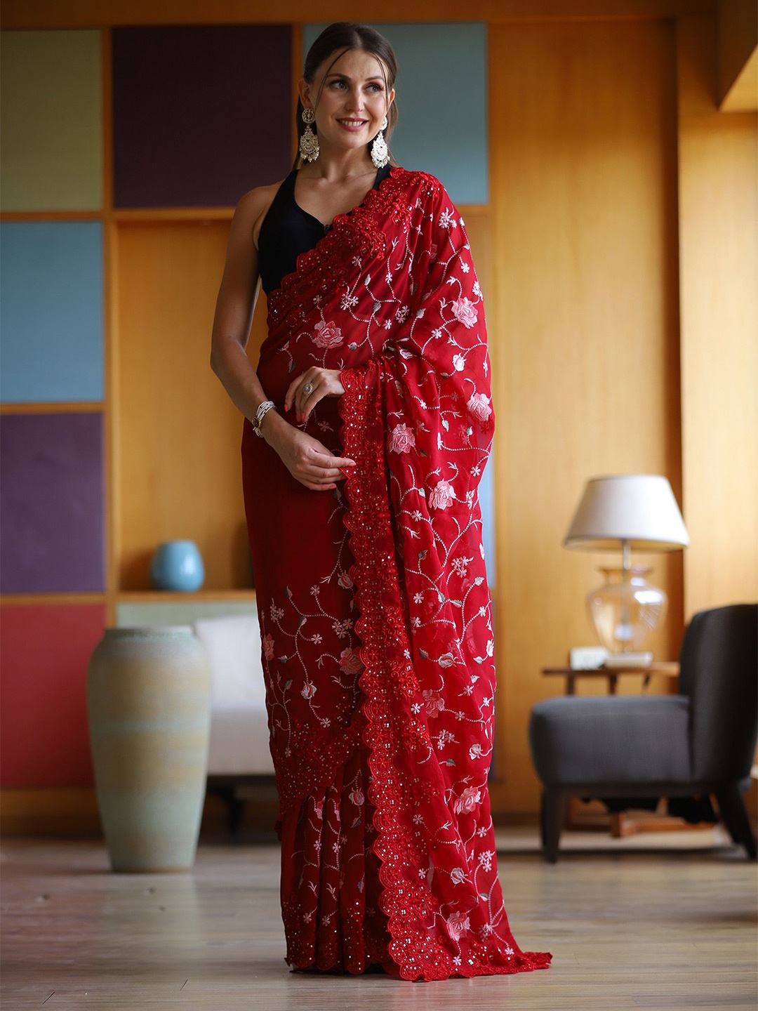

elora Ethnic Motif Embroidered Sequinned Pure Georgette Saree, Red