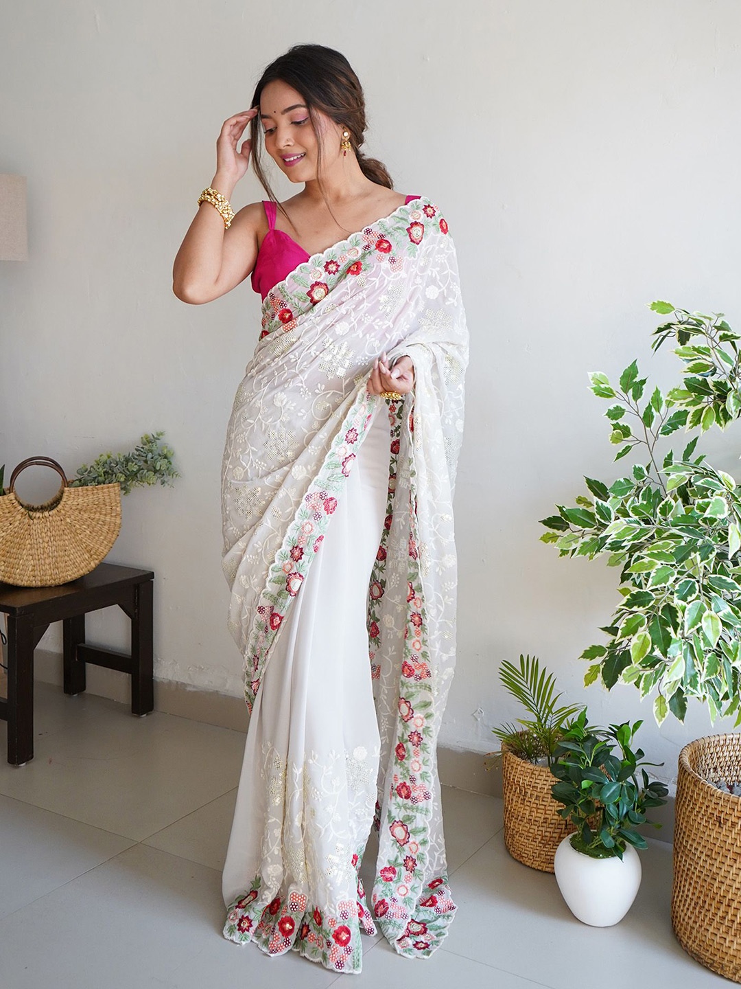 

elora Floral Sequinned Pure Georgette Saree, Off white