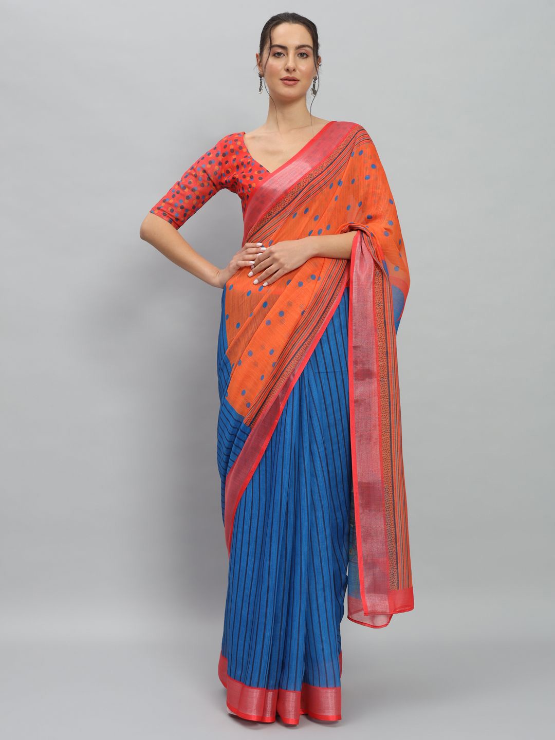 

RACHNA Striped Zari Woven Half & Half Ready to Wear Saree, Blue