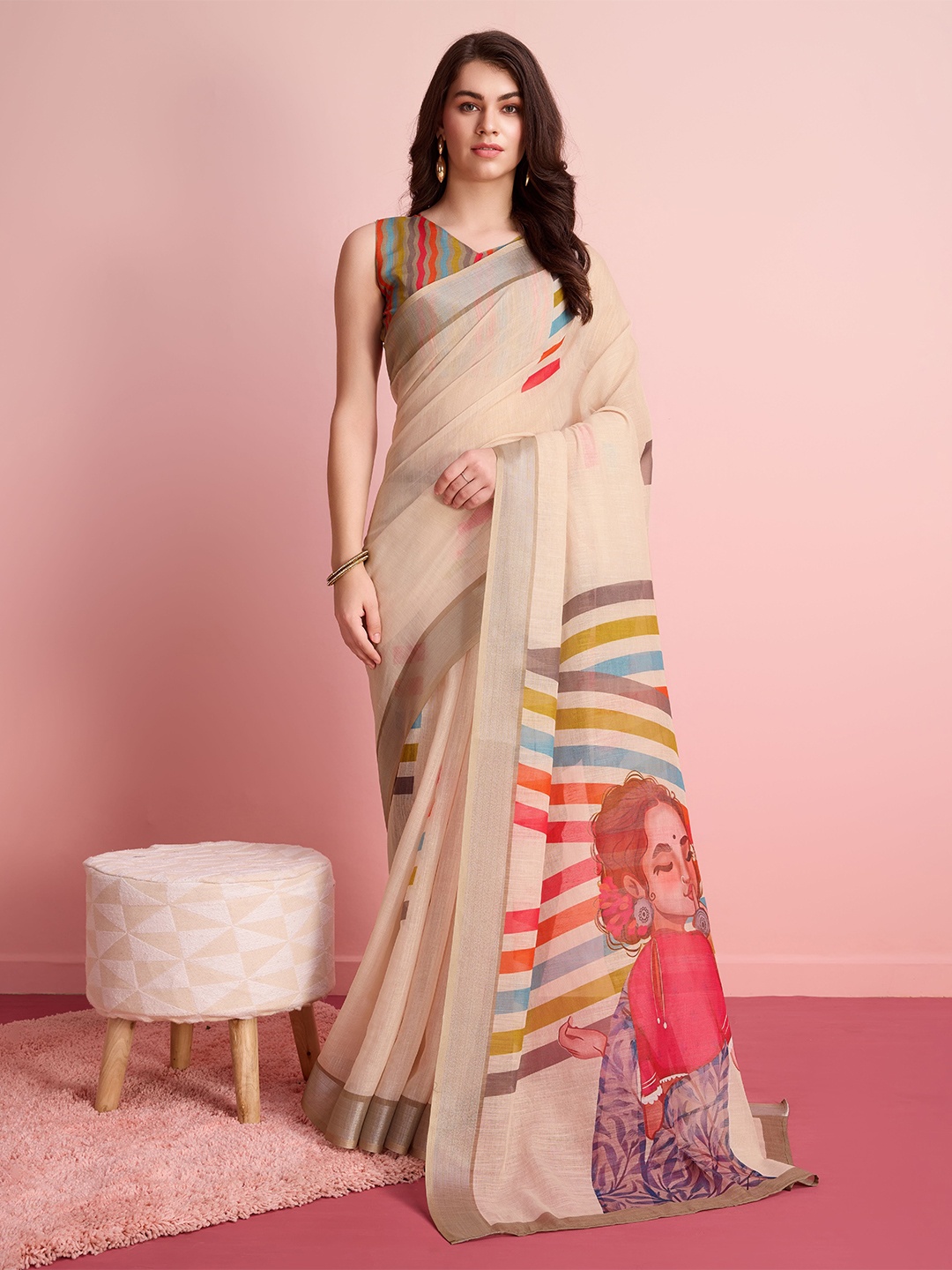 

RACHNA Ready to Wear Abstract Saree, Cream