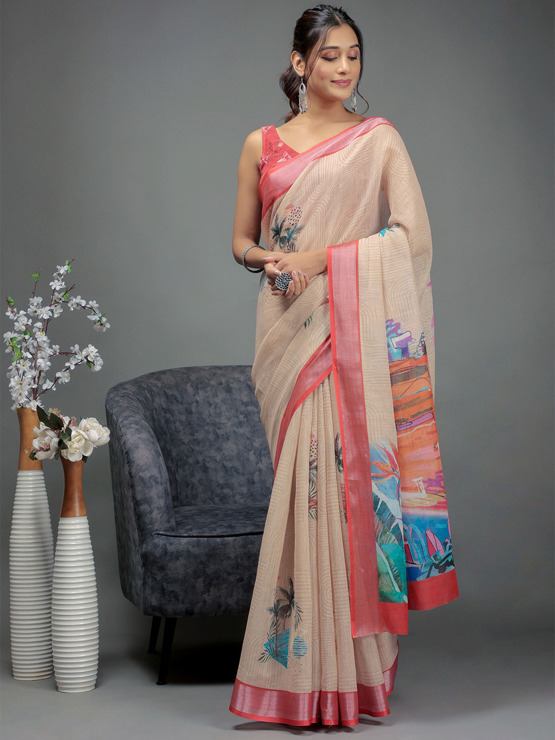 

RACHNA Floral Zari Ready to Wear Saree, Beige