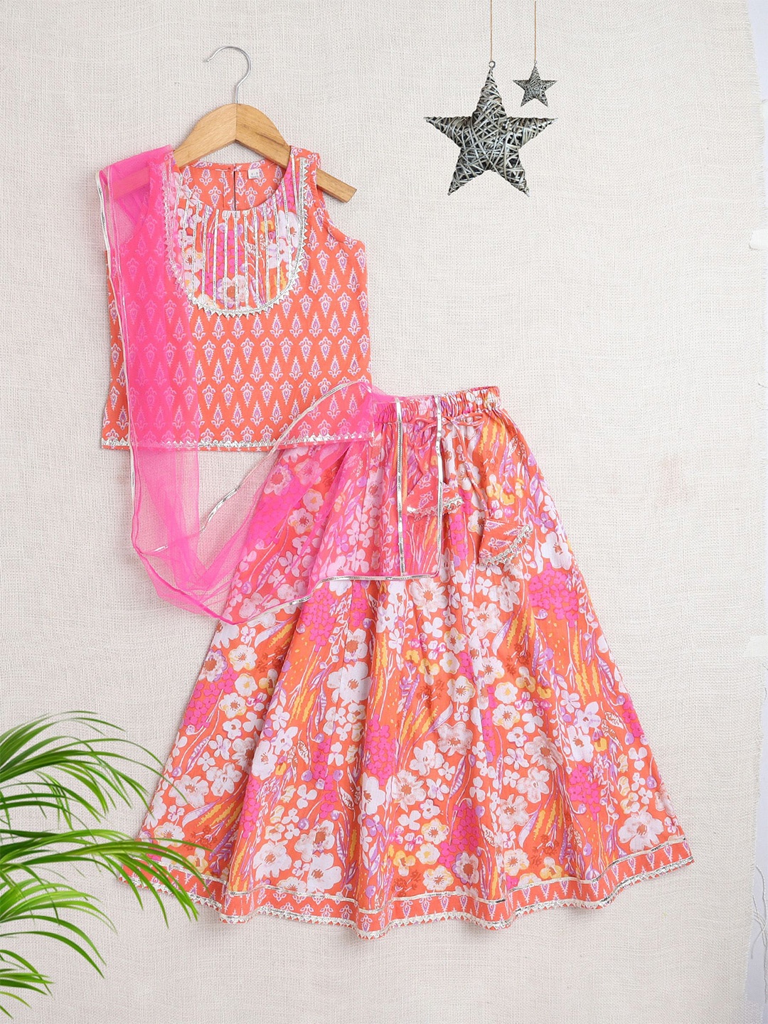 

The Magic Wand Girls Printed Gotta Patti Pure Cotton Ready to Wear Lehenga Choli, Peach