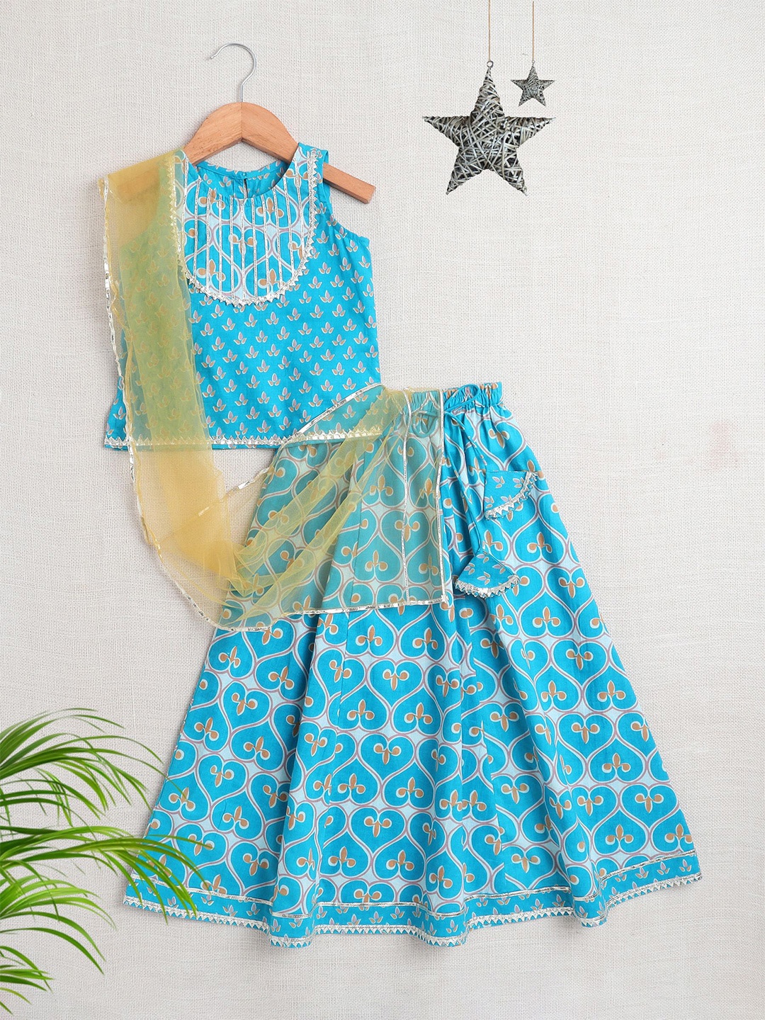 

The Magic Wand Girls Printed Gotta Patti Pure Cotton Ready to Wear Lehenga Choli, Blue