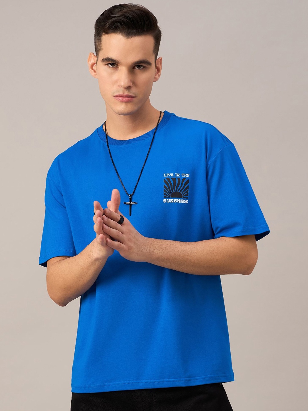 

REPRISE Men Graphic Printed Round Neck Cotton Oversized T-Shirt, Blue