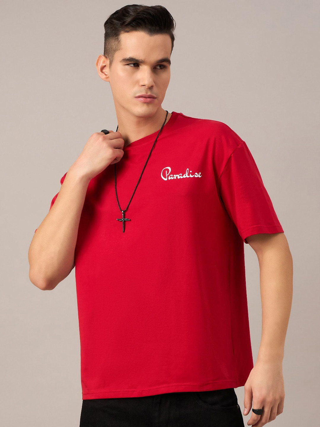 

REPRISE Men Graphic Printed Round Neck Cotton Oversized T-Shirt, Red