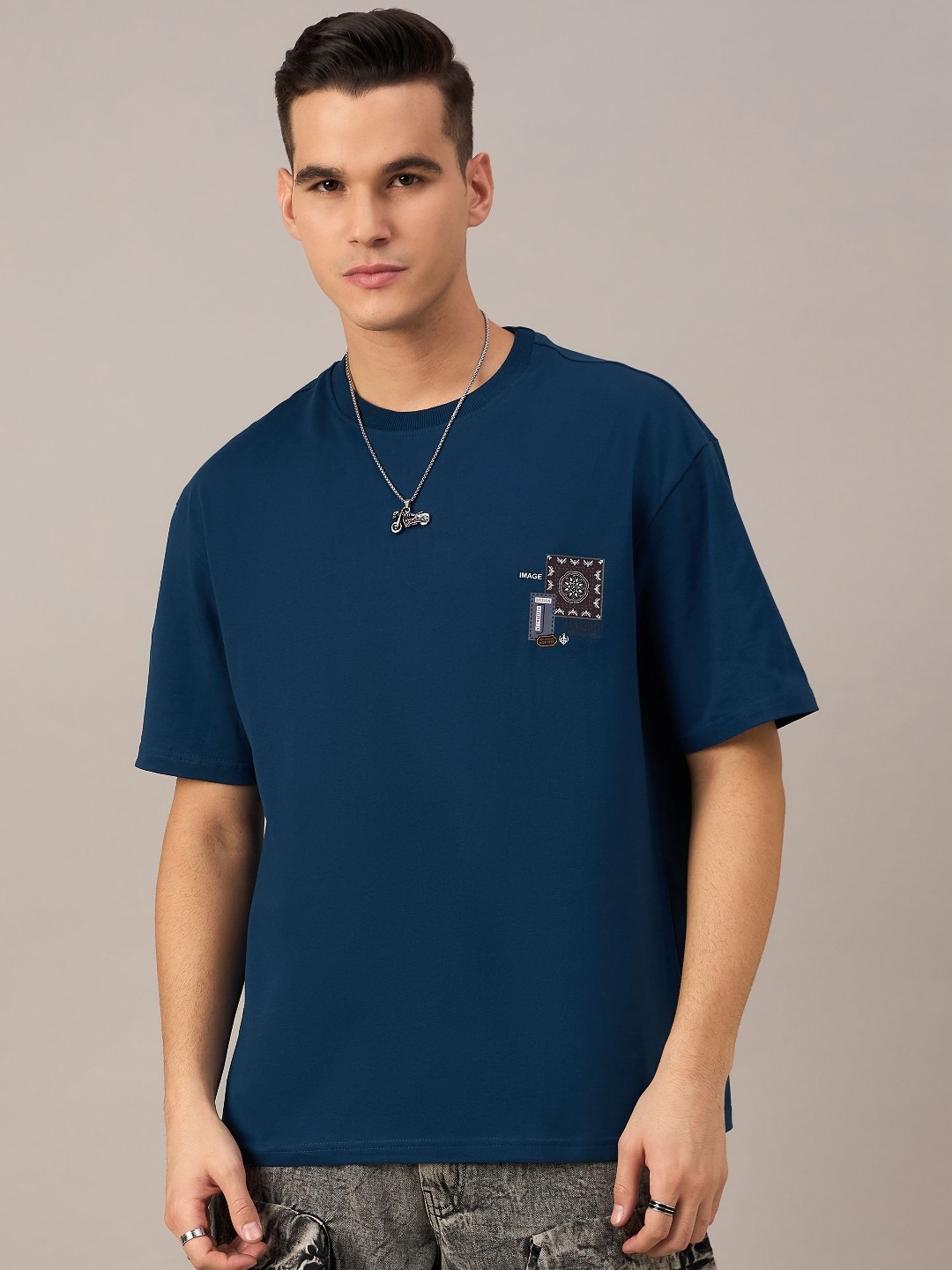 

REPRISE Men Graphic Printed Round Neck Cotton Oversized T-Shirt, Blue