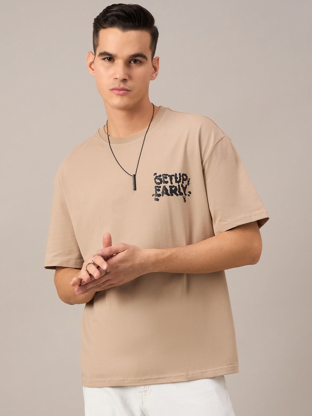 REPRISE Men Graphic Printed Round Neck Cotton Oversized T-Shirt, Beige