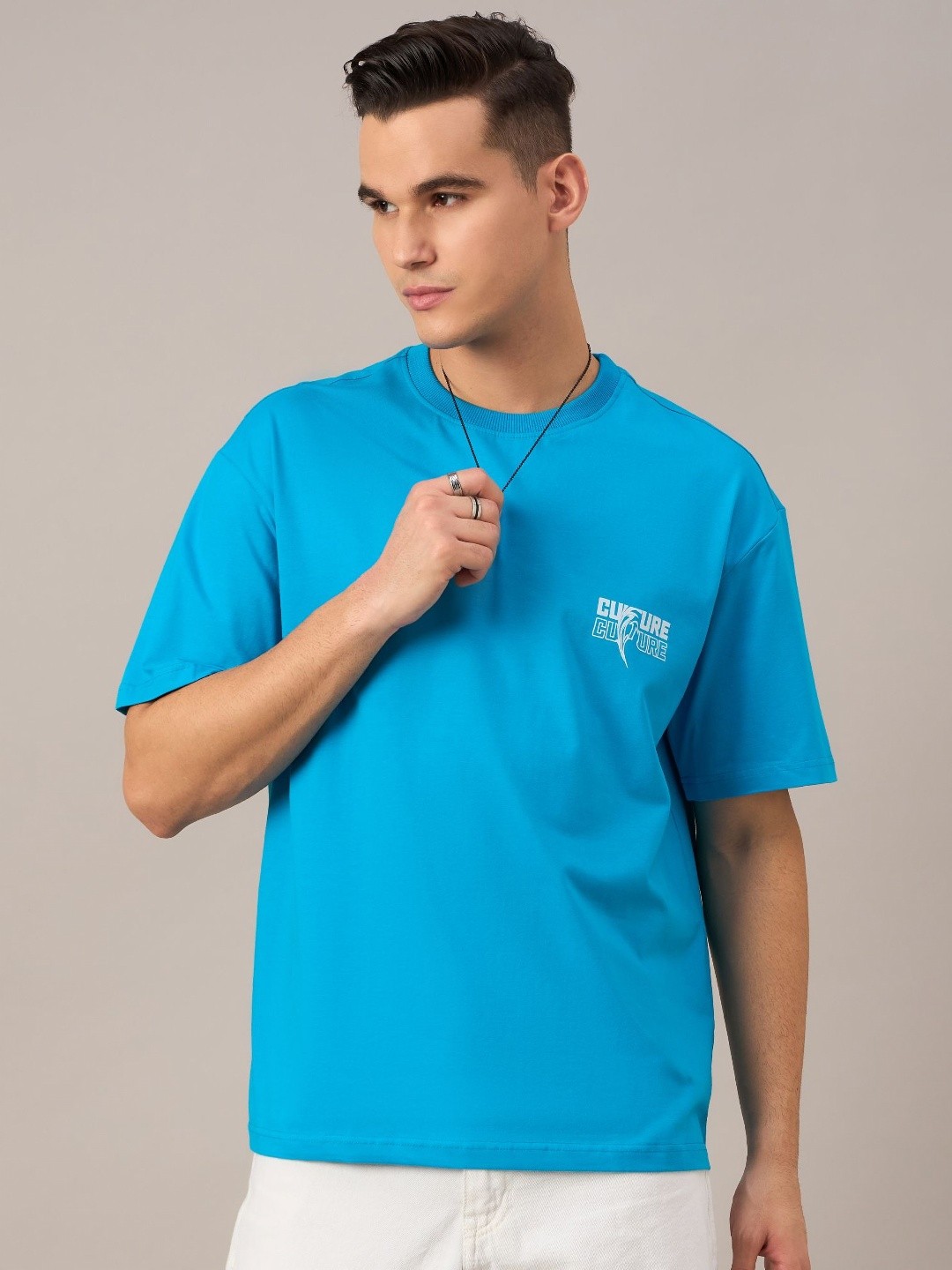 

REPRISE Men Graphic Printed Round Neck Cotton Oversized T-Shirt, Turquoise blue