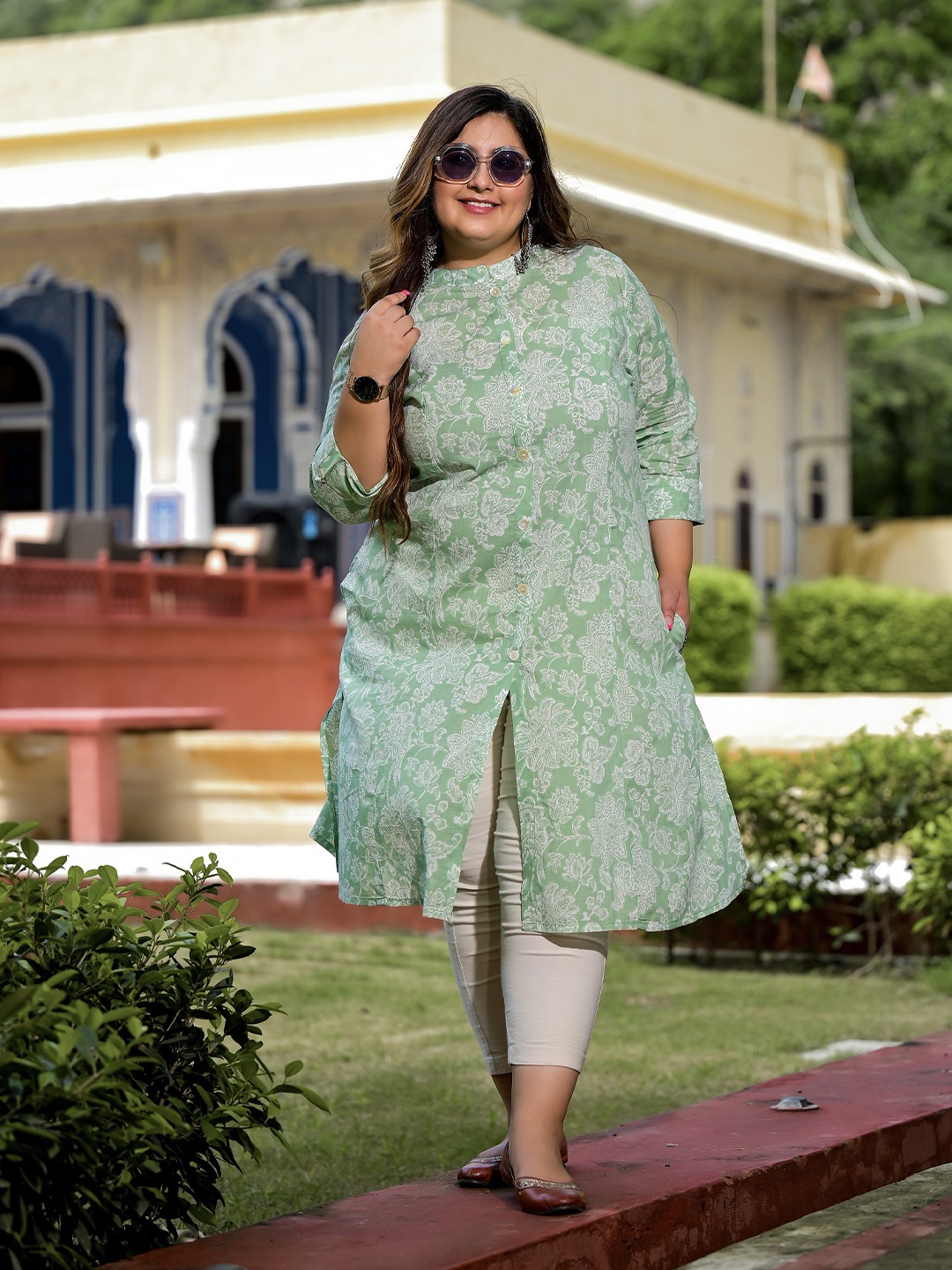 

Lee Moda Plus Size Floral Printed Band Collar Cotton Straight Kurta, Green
