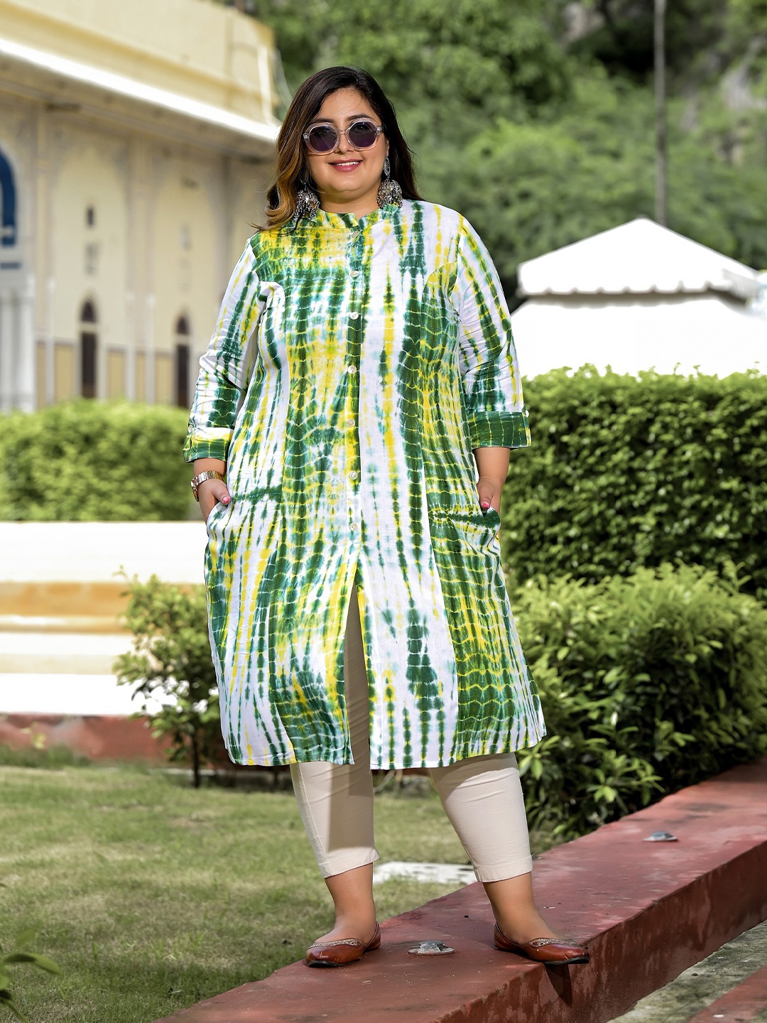 

Lee Moda Plus Size Abstract Printed Mandarin Collar A-Line Kurta, Green
