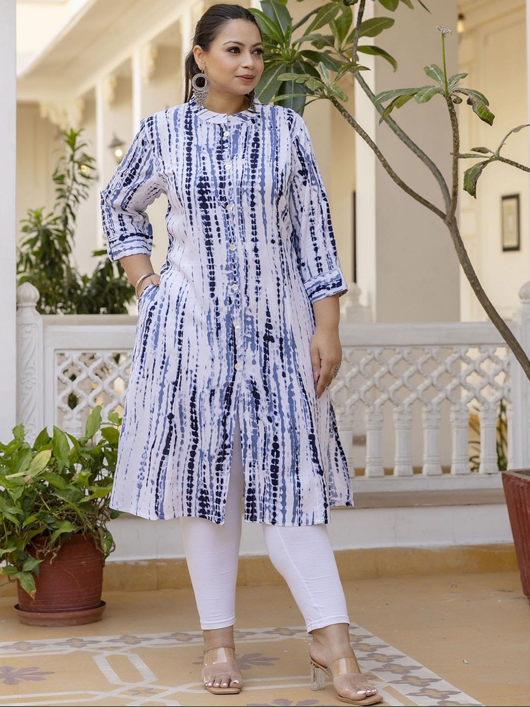 Lee Moda Plus Size Tie & Dye Printed Mandarin Collar A-Line Kurta, Blue