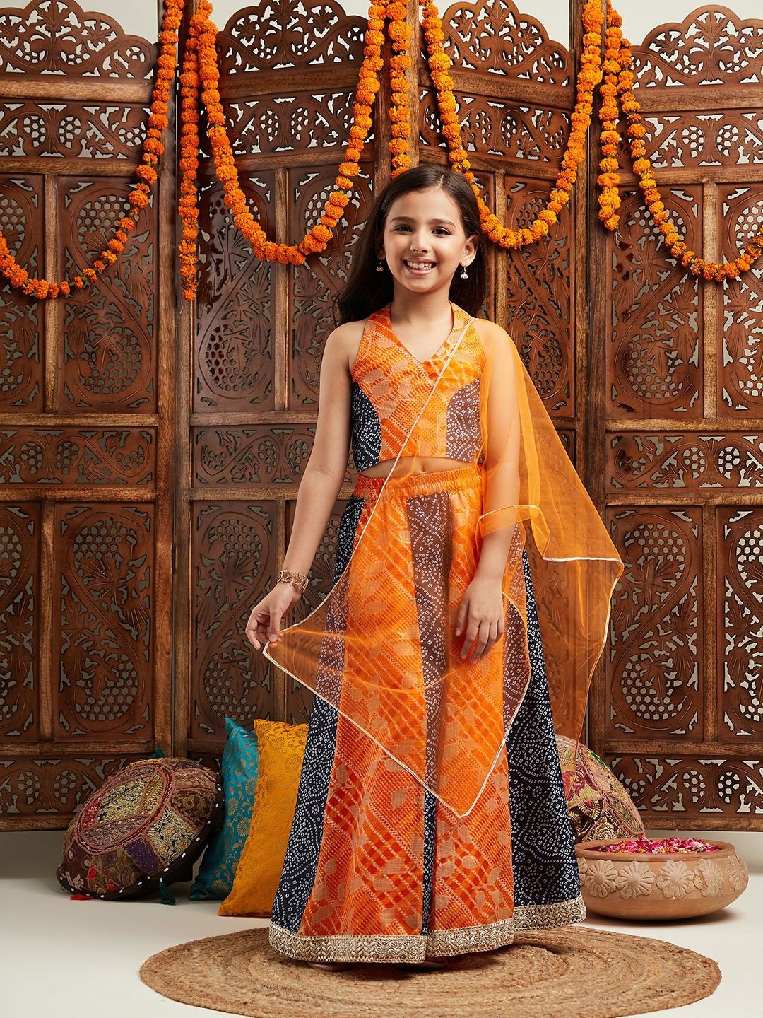 

pspeaches Girls Printed Ready to Wear Lehenga & Blouse With Dupatta, Orange