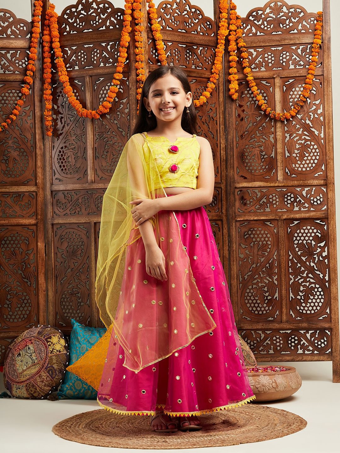 

pspeaches Girls Embroidered Mirror Work Net Ready to Wear Lehenga & Blouse With Dupatta, Magenta