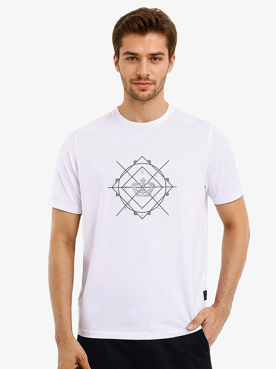 

RARE RABBIT Men Other Printed Round Neck Cotton T-Shirt, White
