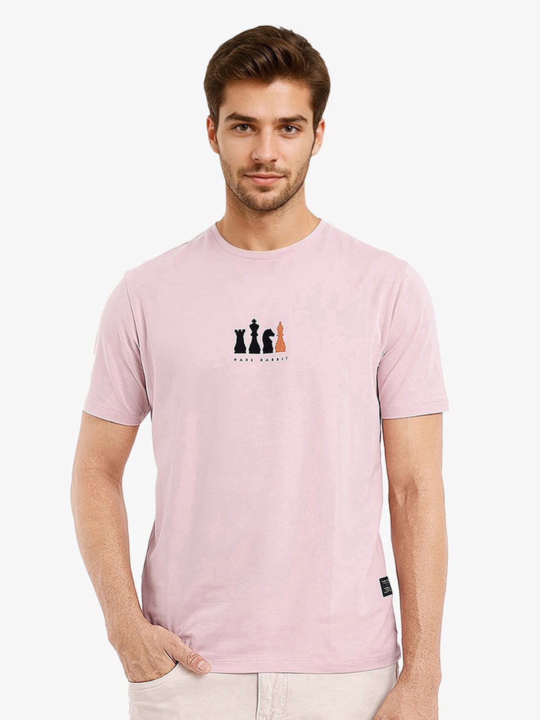 

RARE RABBIT Men Solid Round Neck Cotton T-Shirt, Pink