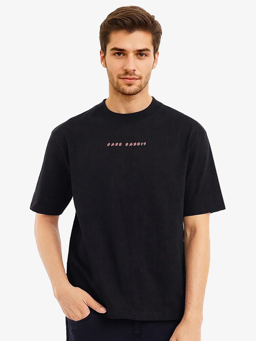 RARE RABBIT Men Graphic Printed Round Neck Cotton Oversized T-Shirt, Black