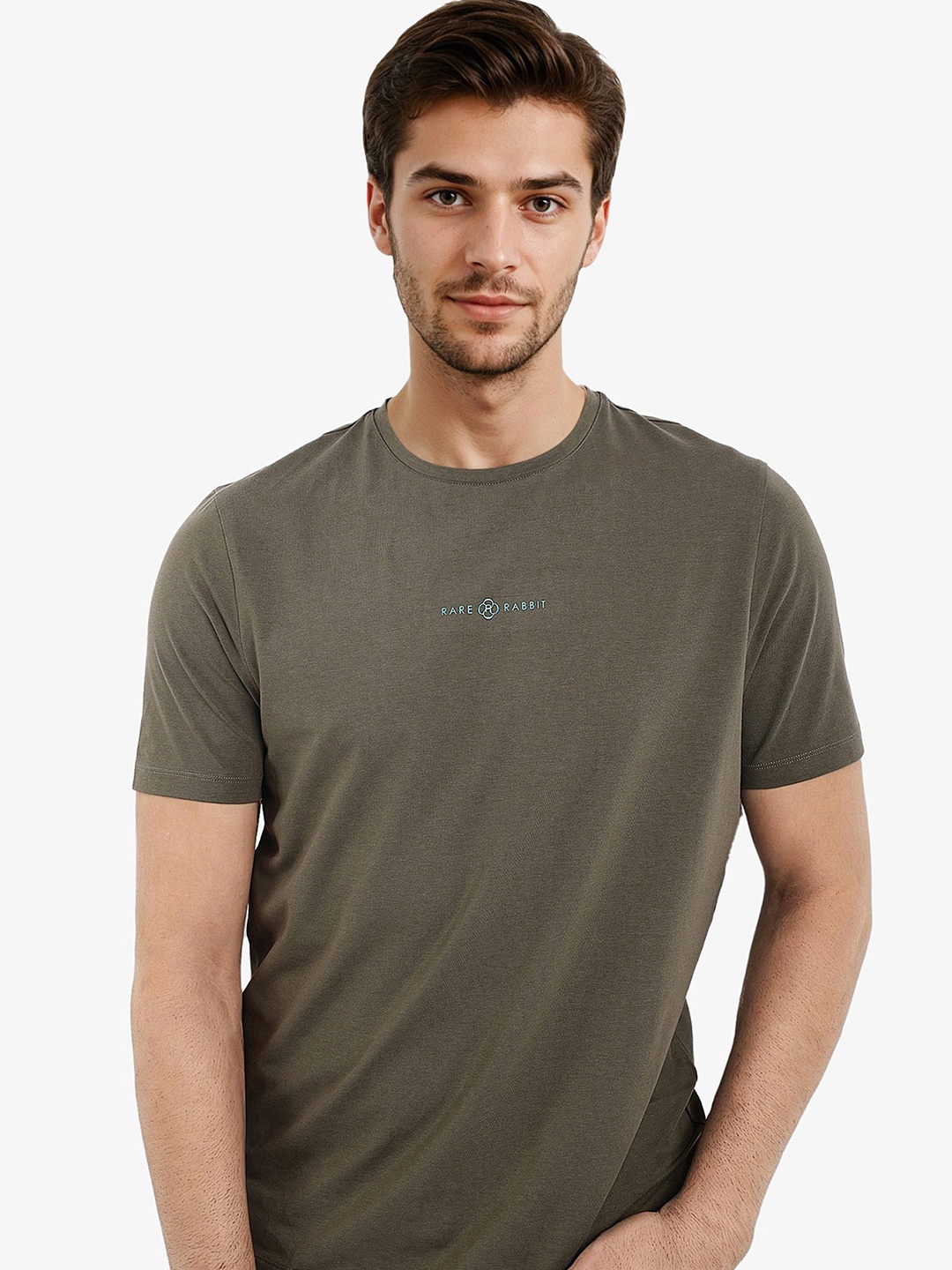 

RARE RABBIT Men Solid Round Neck Cotton T-Shirt, Olive