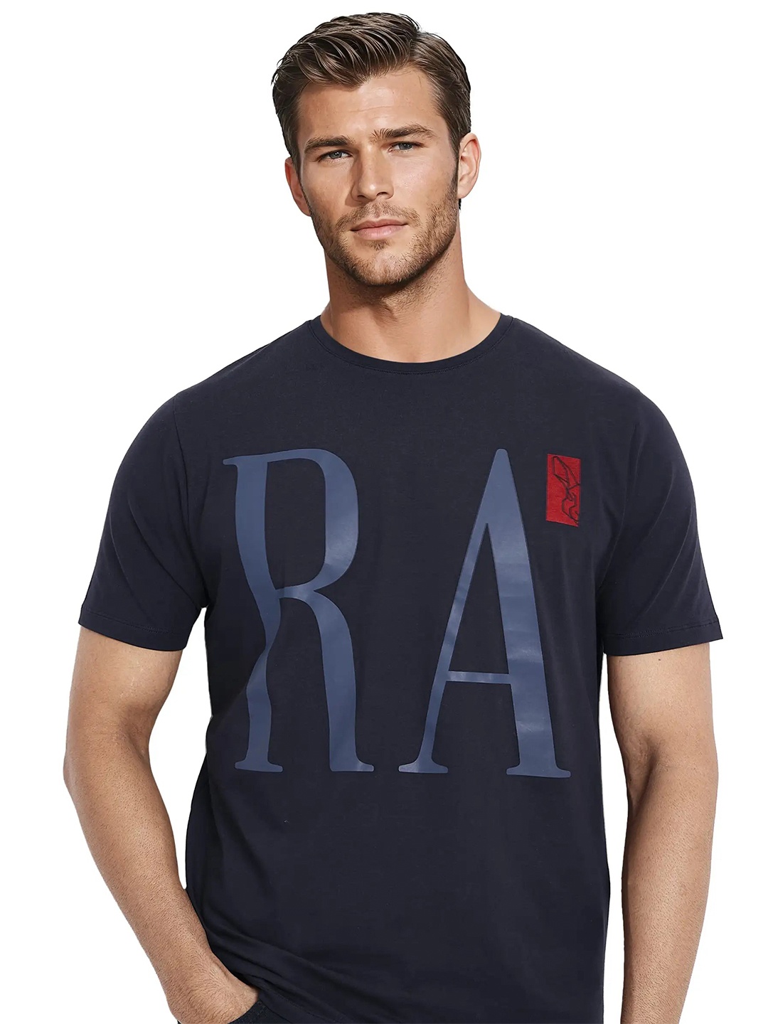 

RARE RABBIT Men Typography Printed Round Neck Cotton T-Shirt, Navy blue