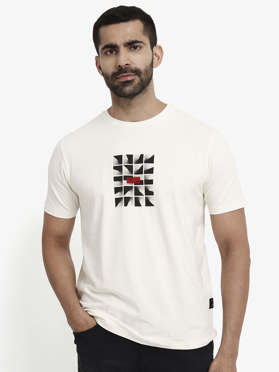 

RARE RABBIT Men Solid Round Neck Cotton T-Shirt, Off white