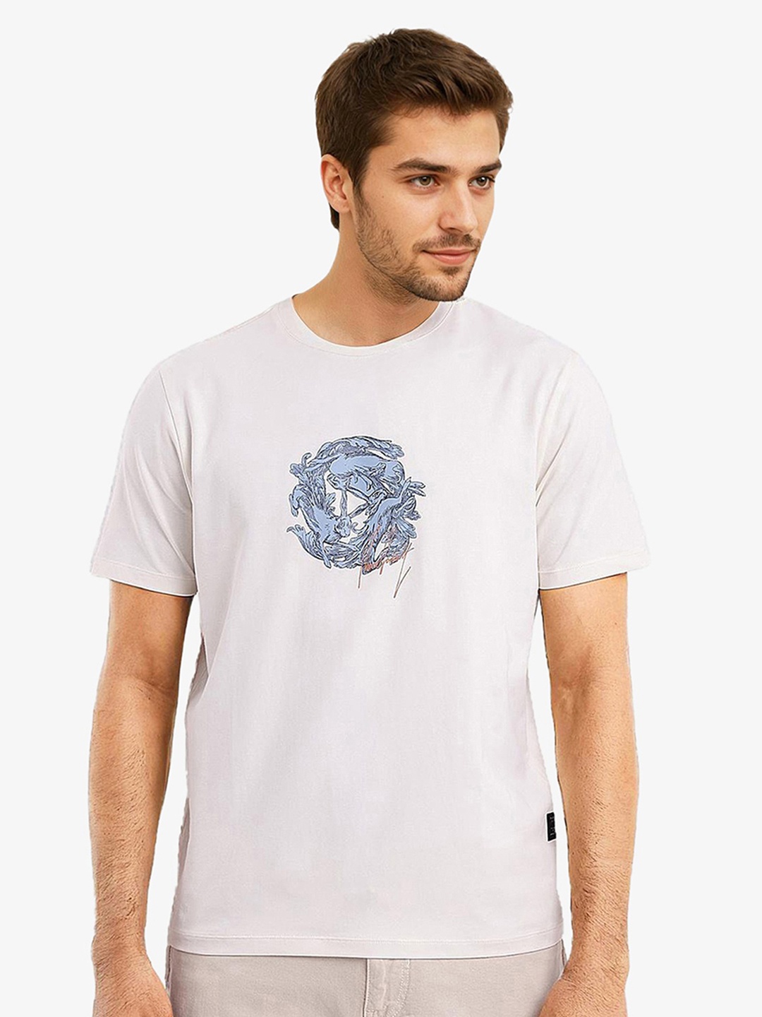 

RARE RABBIT Men Solid Graphic Print Others Round Neck Cotton T-Shirt, Off white