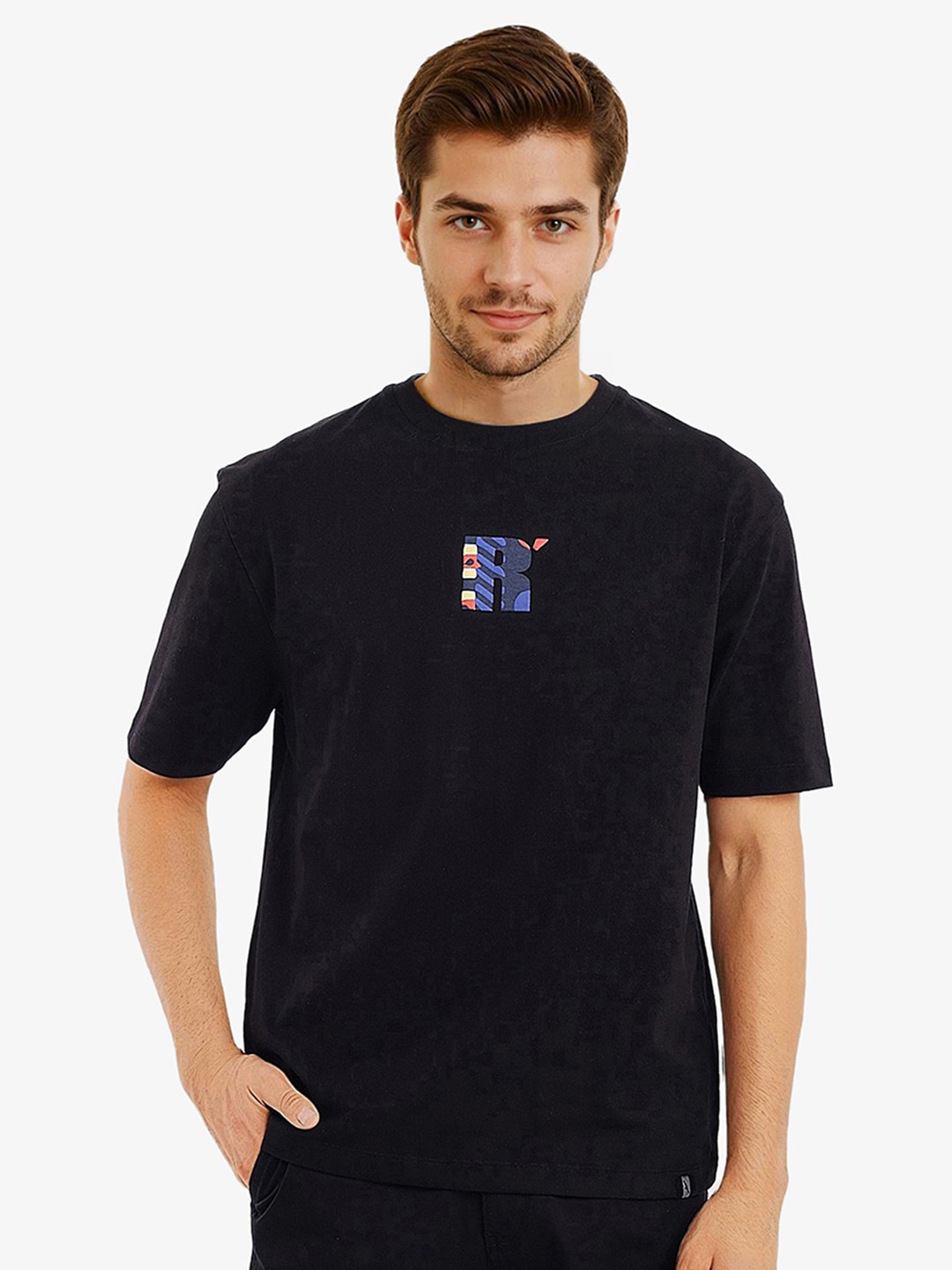

RARE RABBIT Men Graphic Printed Graphic Print Others Round Neck Cotton Oversized T-Shirt, Black