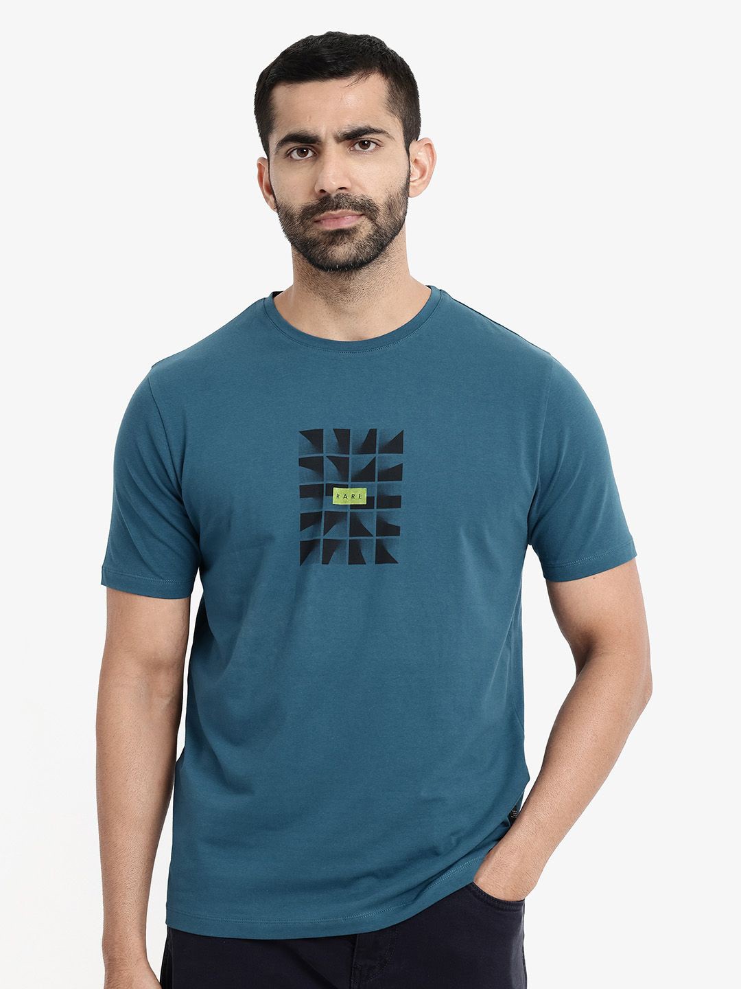 

RARE RABBIT Men Solid Printed Graphic Print Others Round Neck Cotton T-Shirt, Turquoise blue