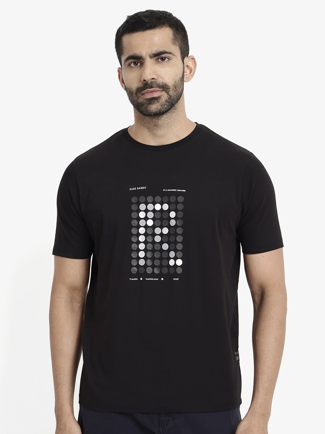 

RARE RABBIT Men Solid Graphic Print Others Round Neck Cotton T-Shirt, Black