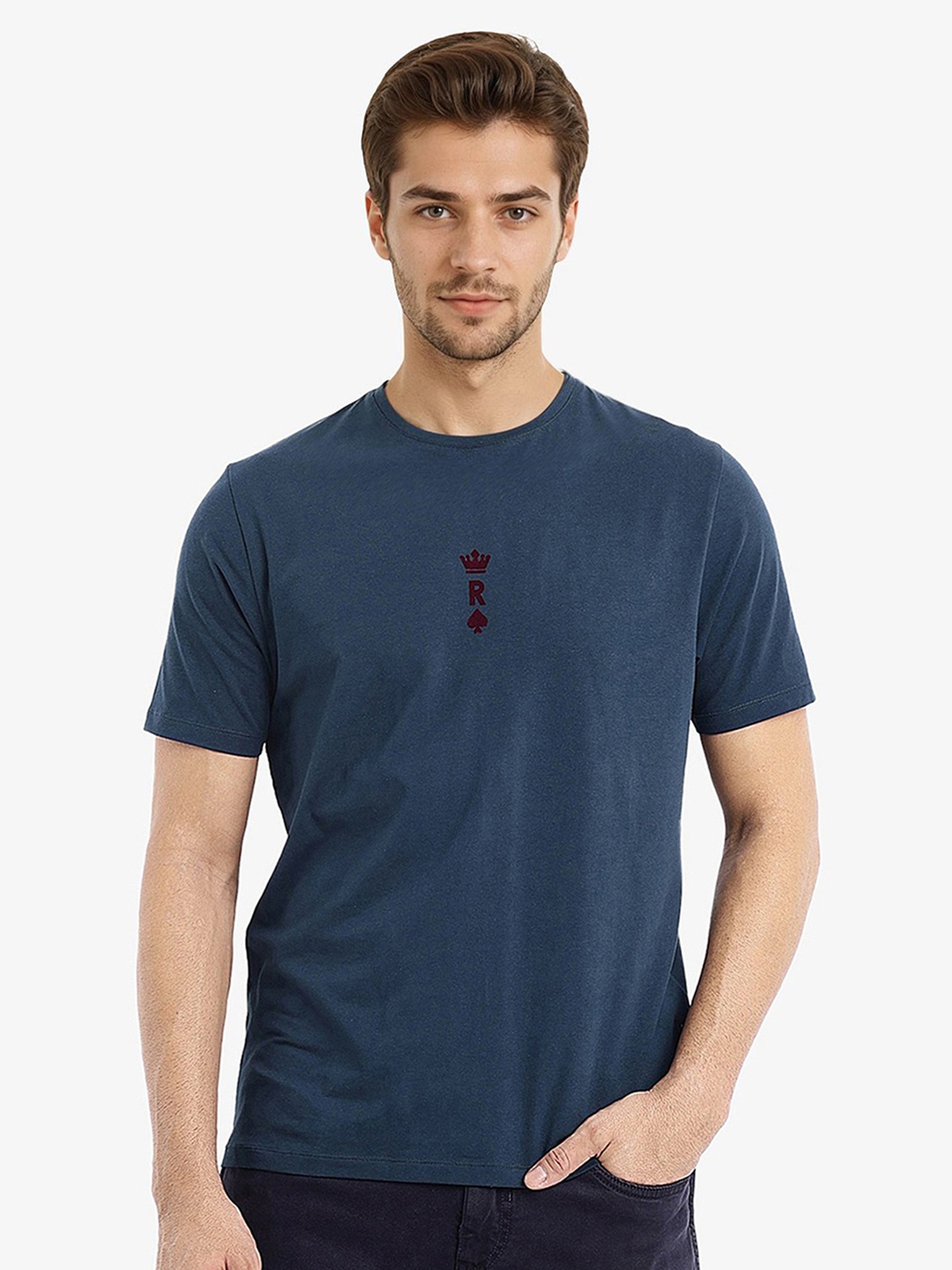 

RARE RABBIT Men Solid Round Neck Cotton T-Shirt, Teal