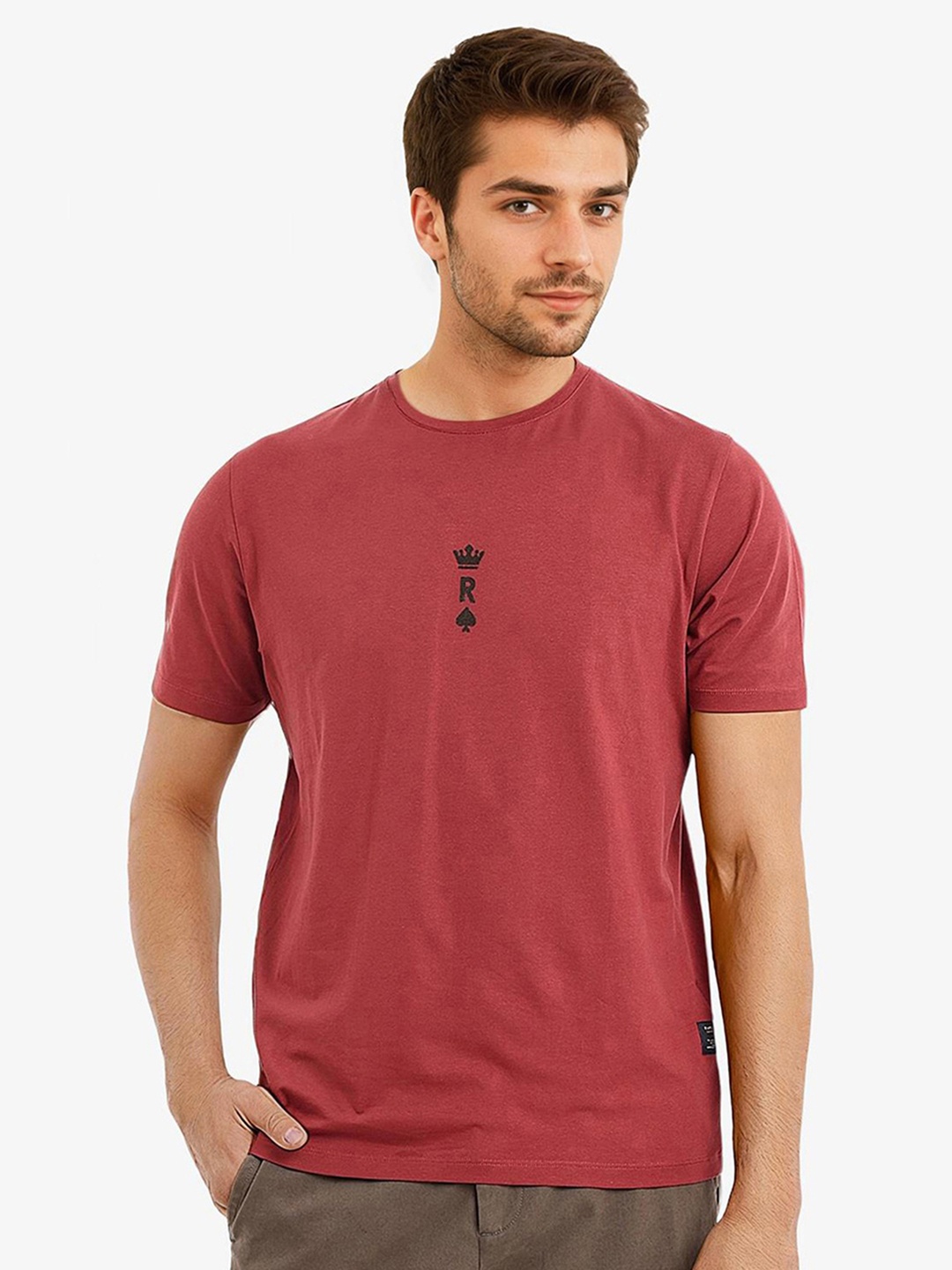 

RARE RABBIT Men Solid Round Neck Cotton T-Shirt, Red