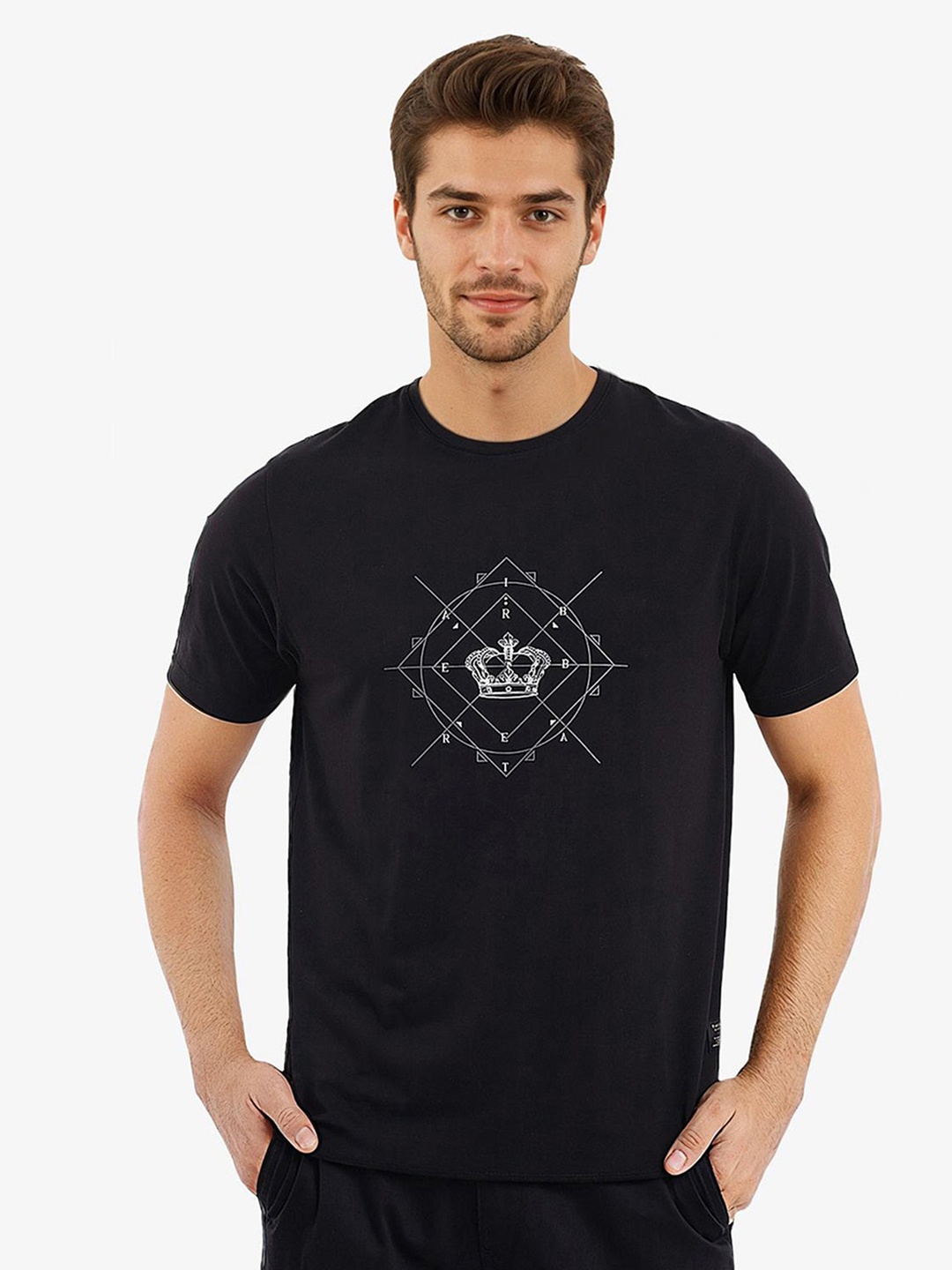 

RARE RABBIT Men Solid Round Neck Cotton T-Shirt, Black