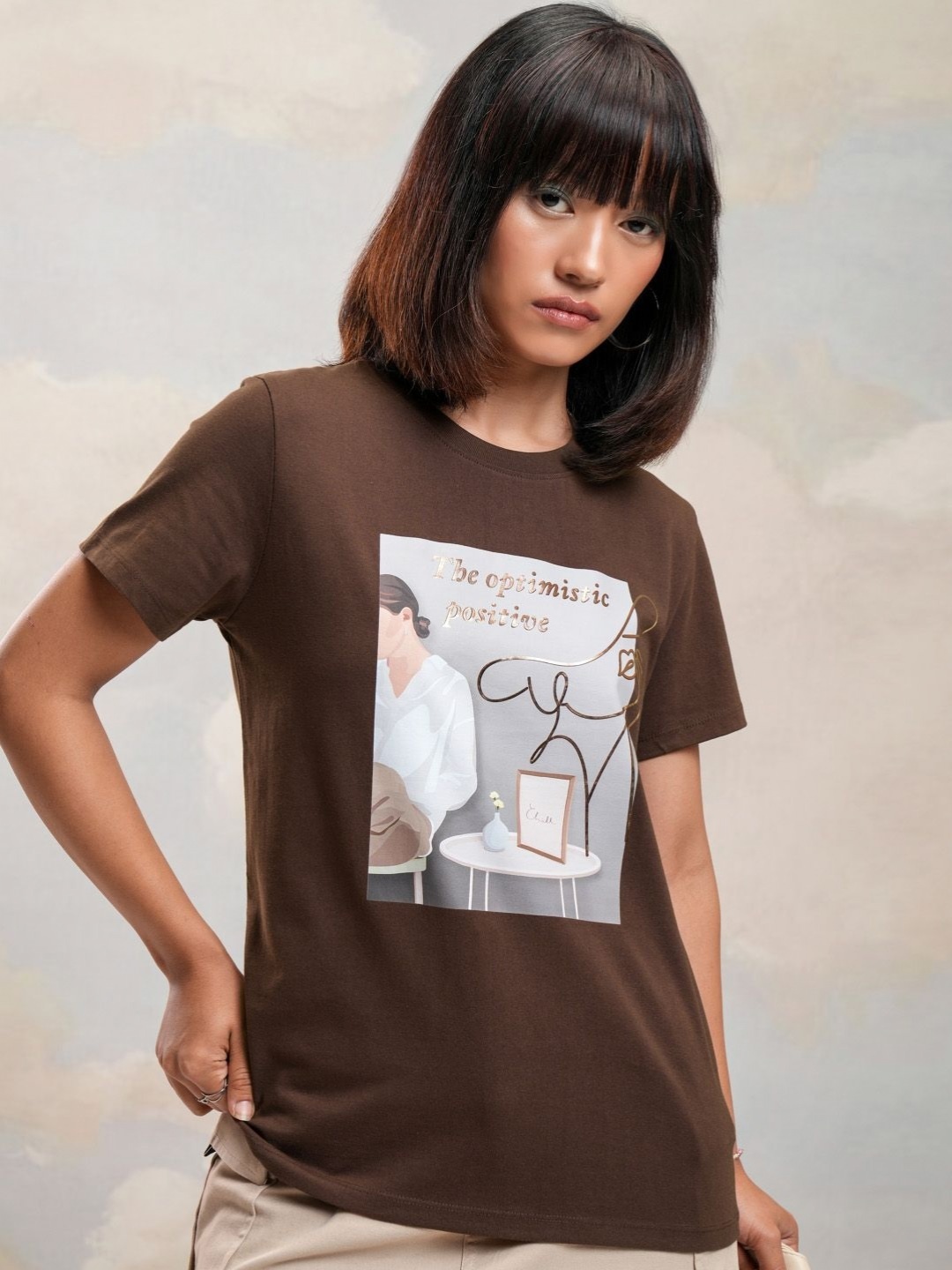 

Street By Tokyo Talkies Women Printed Pockets T-shirt, Coffee brown