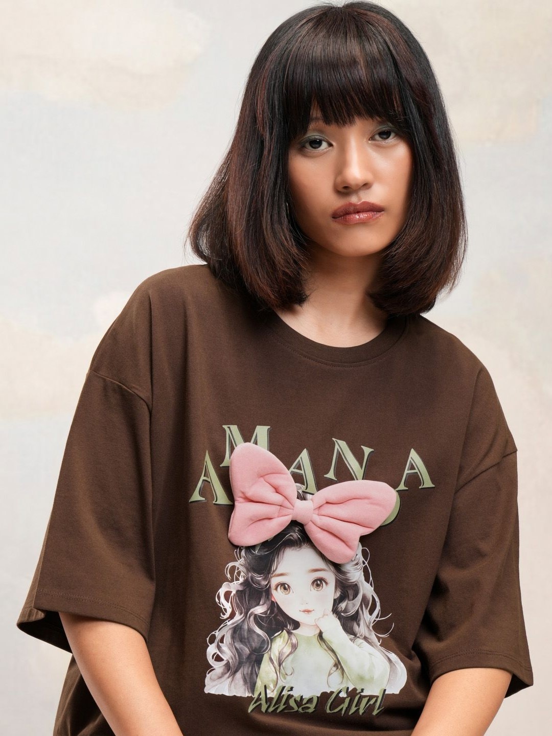 

Street By Tokyo Talkies Women Printed Applique T-shirt, Coffee brown