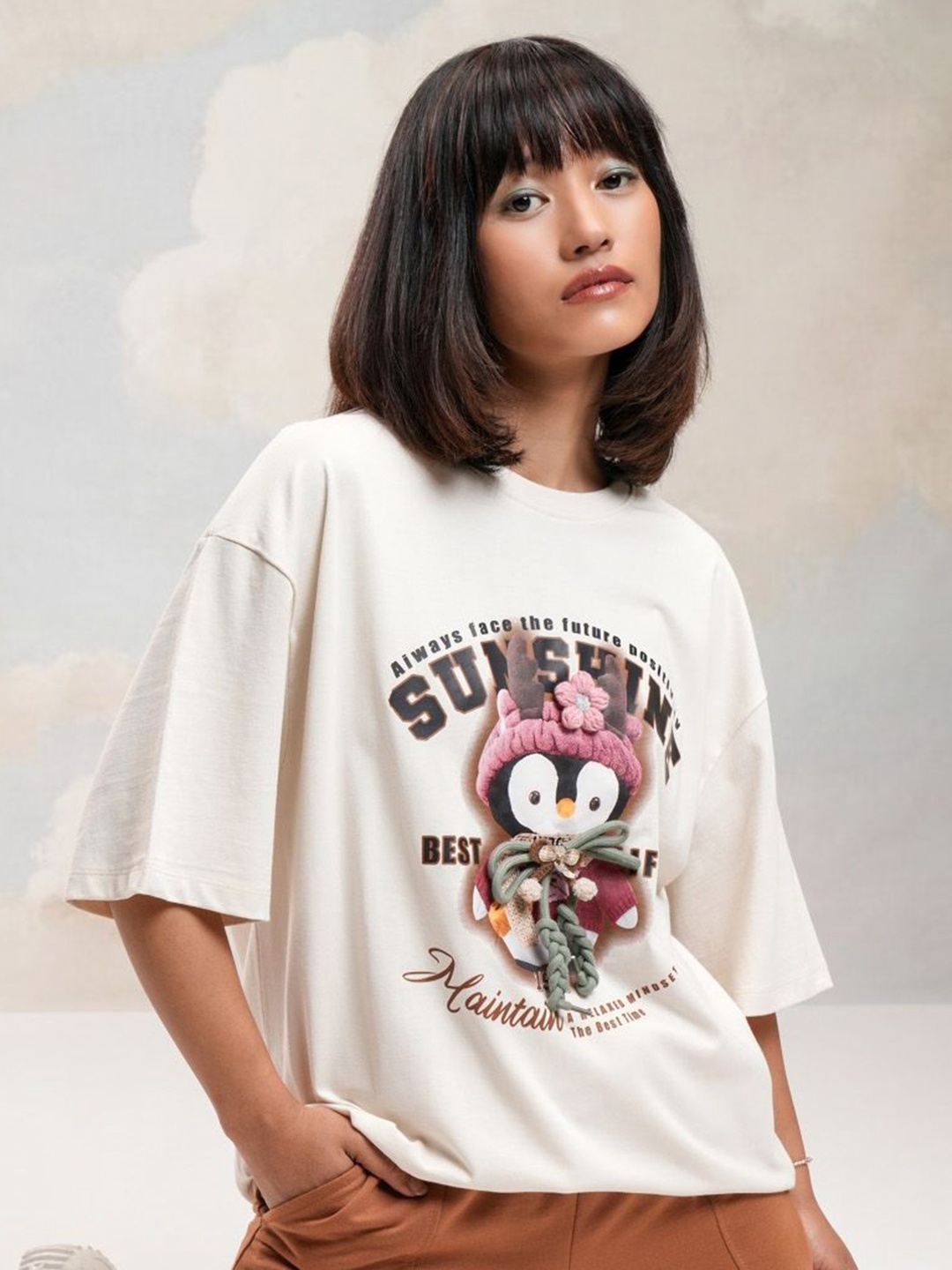 

Street By Tokyo Talkies Women Printed Extended Sleeves Applique T-shirt, Off white
