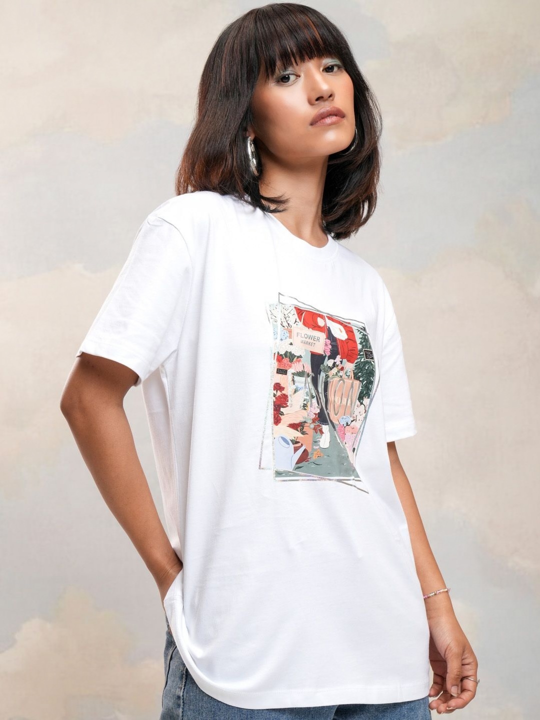 

Street By Tokyo Talkies Women Printed Extended Sleeves Pockets T-shirt, White