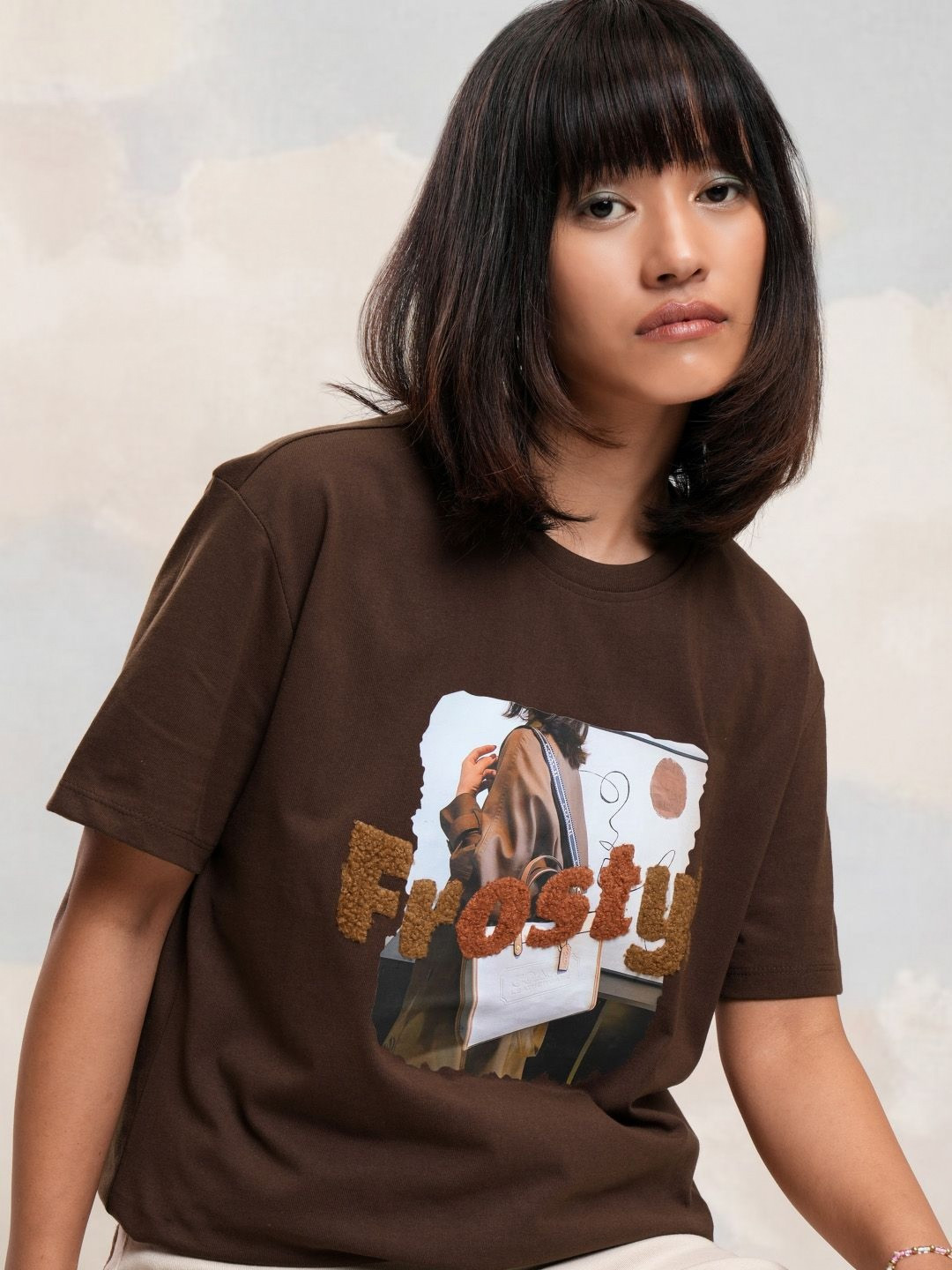 

Street By Tokyo Talkies Women Printed Applique T-shirt, Coffee brown