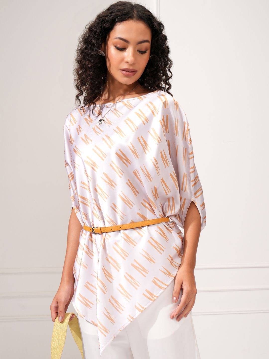 

Tokyo Talkies Women Geometric Striped Extended Sleeves Kaftan Top, Off white